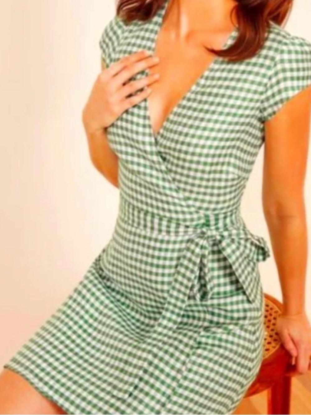 Banana Republic Wrap-Style Gingham Dress in Green and White